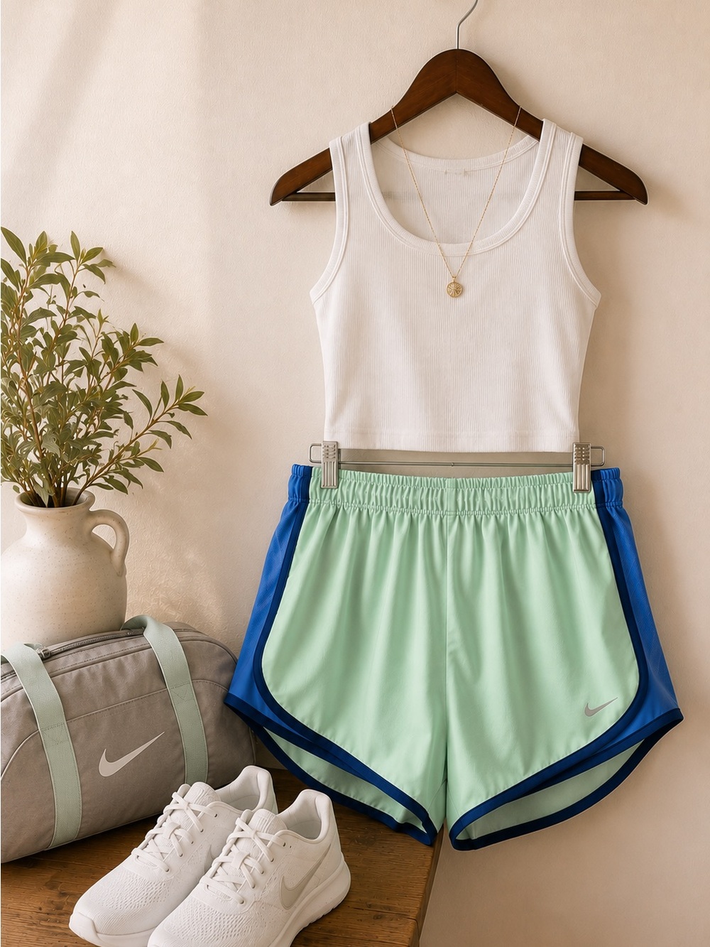 Nike Women's Mint Green Athletic Shorts with Blue Trim